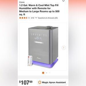 CRANE UVIC SANITIZING TOP FILL HUMIDIFIER W/NIGHT LIGHT WARM COOL RET $110